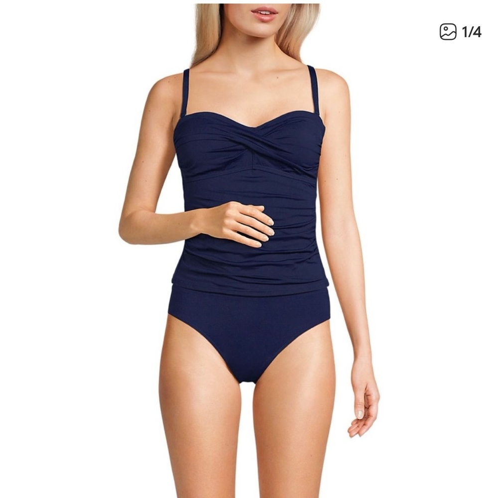 Lands' End Navy Blue Bandeau Strapless 2 post swimsuit - Picture 4 of 7
